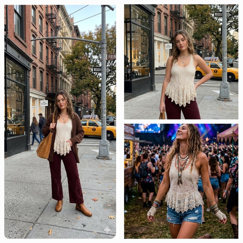 Racerback Tank L Sheer Boho Crochet Tiered Ruffle Fairy Cottage Business Casual